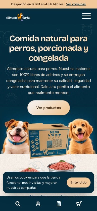 Portada de AlimentoBARF vista en un teléfono, con el botón «Ver productos» y la barra inferior de la tienda