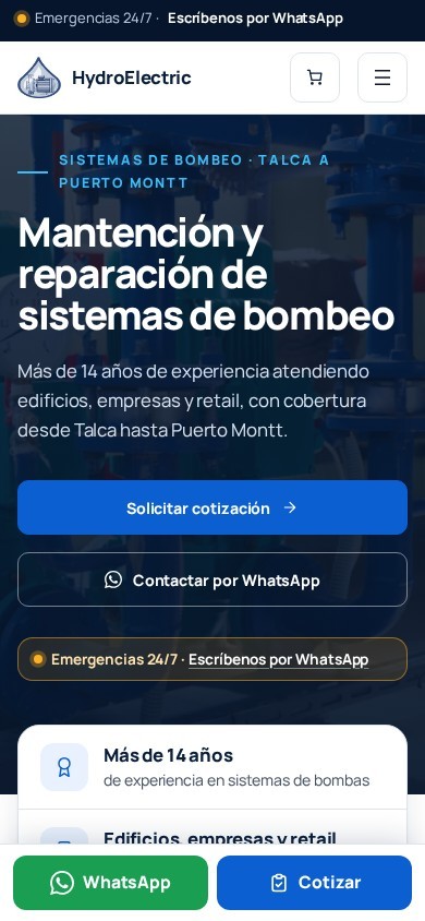 Portada de HydroElectric vista en un teléfono, con los botones «Solicitar cotización» y «Contactar por WhatsApp»