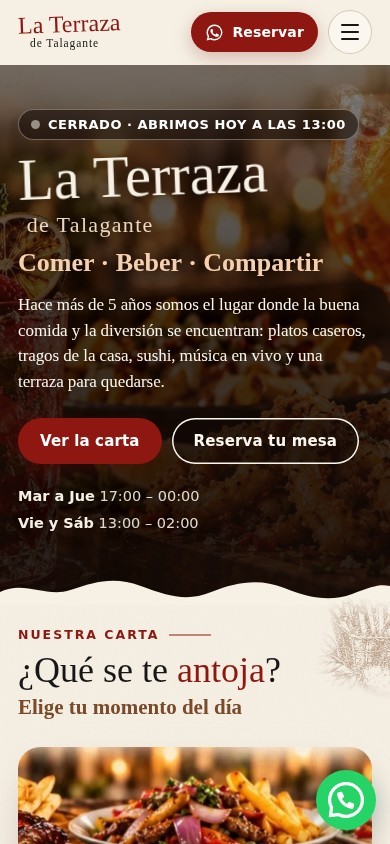Portada de La Terraza de Talagante vista en un teléfono, con los botones «Ver la carta» y «Reserva tu mesa»